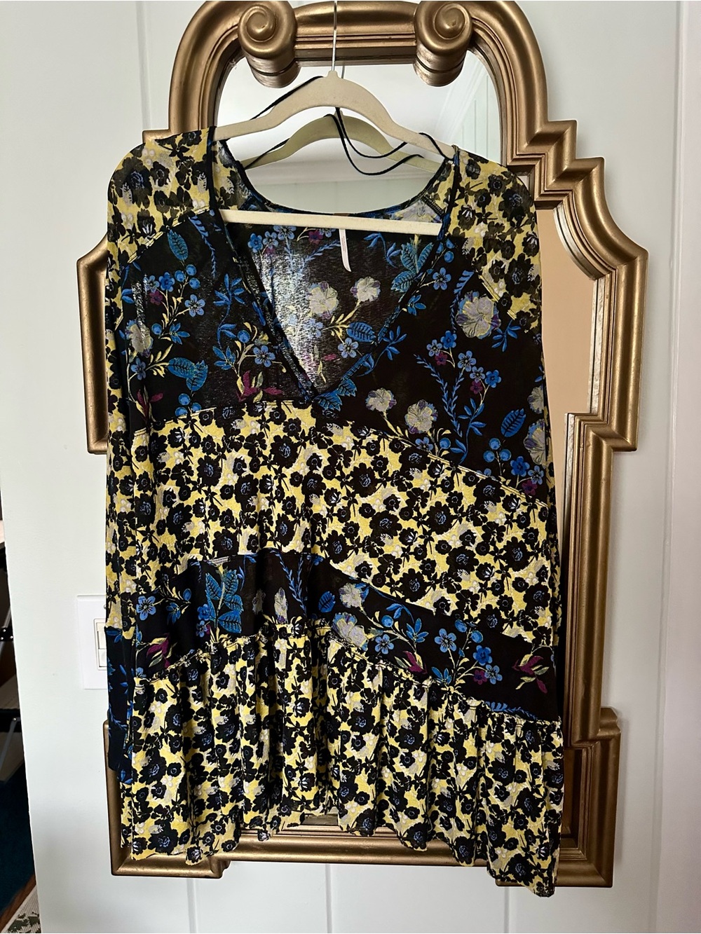 Free people Isabelle black, blue, and yellow floral long sleeve tunic